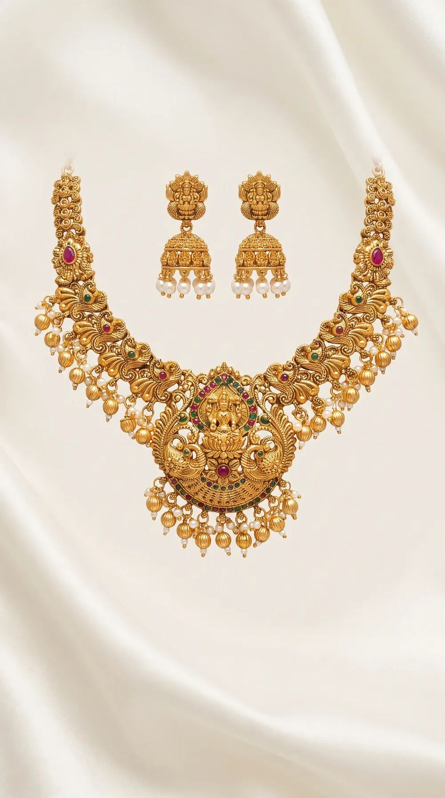 Lakshmi Peacock Temple Haar Necklace Set with Jhumkas - Gold Bead Drops - Necklace from Saubhagya Jewellery